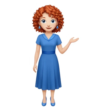 una profesora mayor simpática con el pelo rojo rizado, ojos azules, vestido azul y pendientes azules hablando sonriendo altura completa  sticker