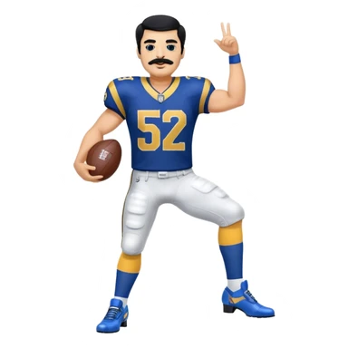Chill guy in LA Rams jersey  with nu.ber 52. Black hair black mustache. Full body. Blue heels sticker