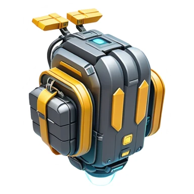 Clash of Clans aesthetic: Cinematic Playful 3D Isometric Jetpack Emoji, rendered in a 3D vector-style similar to standard emojis with minimal shading and bold, simplified shapes. A compact, distinct form with signature details, softly glowing with a futuristic sci-fi warfare charm. Simplified yet unmistakably iconic, highly detailed and consistent, glowing with a soft radiance and high shine. Stylized with a touch of high-tech brilliance and a soft glowing outline, capturing the essence of a beloved gaming relic with a friendly, playful manner! sticker