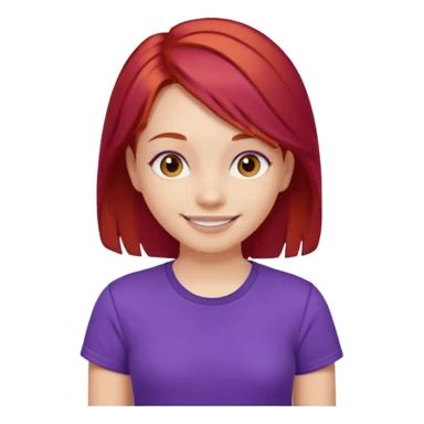 Young girl with red hair, wearing a purple T-shirt, with a smiling face sticker
