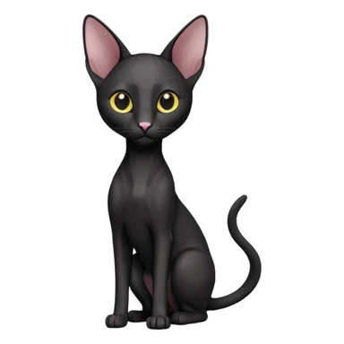 A 3D cartoon black Oriental Shorthair cat with sleek body, tall ears, reflective fur, dark cinematic background, Memoji-style. full body or half body. sticker
