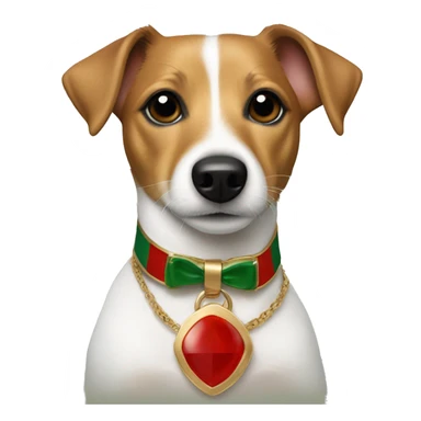 one year old jack russell terrier light brown wearing gucci gold green and red sticker