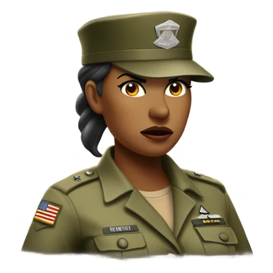 a female drill sergeant showing full torso wearing a classic sergeant hat and a camouflage army shirt. The character should have an angry intense expression.  sticker