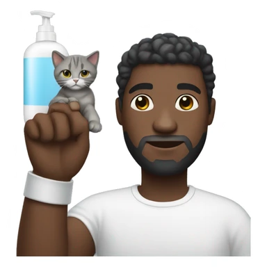 big black guy holding a cat in his right arm and a shampoo bottle in his left hand  sticker
