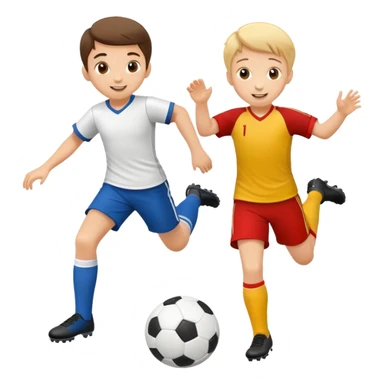 two children playing soccer, one kicking the ball, happy and playful sticker