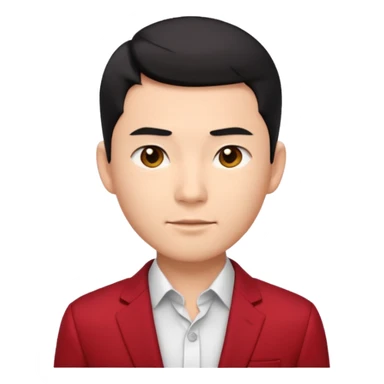 cool handsome Asian man emoji, short black hair styled with exposed forehead, natural slick hairstyle, sharp facial features, fair skin, confident eyes, subtle smirk, wearing dark red suit and white shirt with top buttons undone sticker