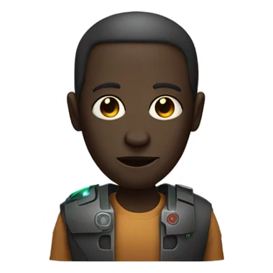 Person whos face is half droid half human with dark skin and a big nose and a laser sticker