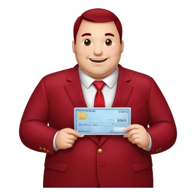 big fat guy bold head in dark red velvet suit holding cheque sticker