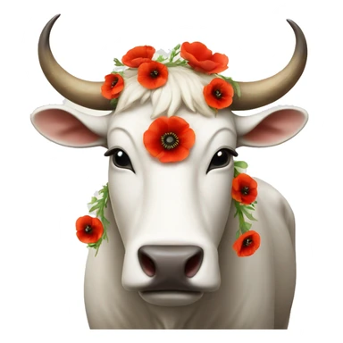 White ox with poppies on horns sticker