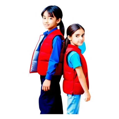 Teenage girl and boy in red vests facing back sticker