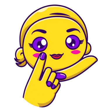 Classic yellow emoji face with closed eyes that form upward curved lines, eyelashes, pursed lips with lipstick, and a hand gesture with only the thumb out while other fingers are closed, all nails painted sticker