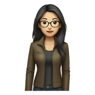asian girl with glasses and a leather jacket with a  khaki shirt and long dark hair sticker