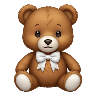 Fluffy cute brown teddy bear with a white bow sticker