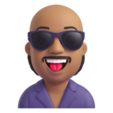 Stevie Wonder emoji, head tilted back, laughing, sunglasses, musical notes sticker