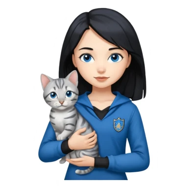 Girl with light skin, blue eyes, shoulder length straight black hair, wears a ravenclaw outfit, with a silver bengal cat holding in her arms sticker