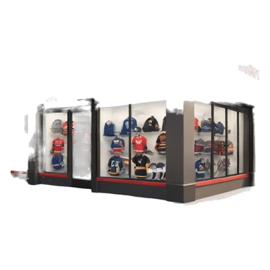 “Hockey store exterior with bold signage, large windows displaying hockey equipment, jerseys, and gear, and a sleek, sporty design that captures the essence of the sport.” sticker