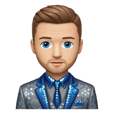 Justin Timberlake with light brown hair, blue eyes, sequin grey suit jacket sticker