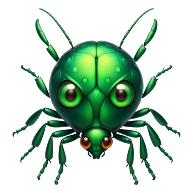 Cinematic Cute Green Bugdie Portrait Emoji, Head tilted playfully and inquisitively, featuring a glossy, vibrant emerald exoskeleton with intricate patterns, round, sparkling multifaceted eyes filled with curiosity, Simplified yet irresistibly adorable features, highly detailed, glowing with a warm, friendly glow, high shine, affectionate and lively, stylized with a touch of whimsy, bright and endearing, soft glowing outline, capturing the essence of a mischievous yet charming bug, so playful it feels like it could buzz out of the screen and into your arms! sticker