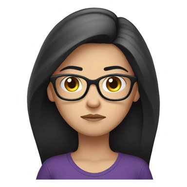 white girl, angry scowling, purple t-shirt, long black hair, wearing glasses, with arms crossed over chest. sticker
