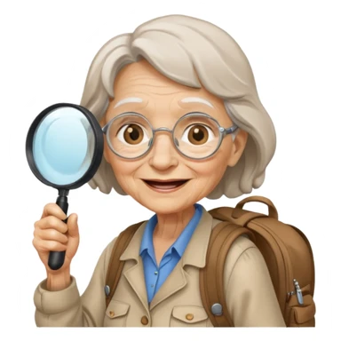 Explorer old woman backpack and magnifying glass sticker