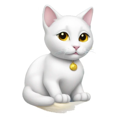 white cat sitting on moon with halo on head sticker