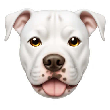 white pitbull dog with brown spots in the face and a big one spot in the eye and one brown ear sticker