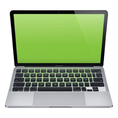 A macbook laptop front facing with its screen showing lime green screen. sticker