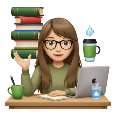 a designer with light skin long brown hair bangs waving, stack of books, coffee cup on top, water bottle, computer, matcha  sticker