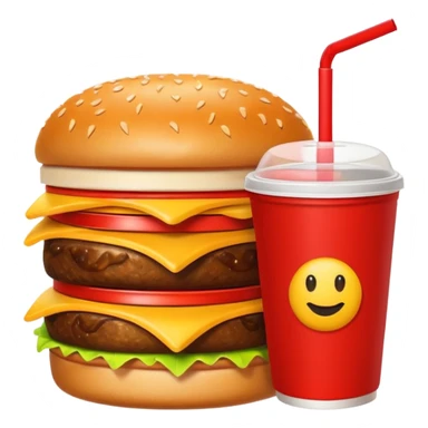 A clean and simple icon of fast food in emoji-style illustration. A burger with fries and a soda cup, bright and bold colors, simple shapes, flat design, high contrast, inviting and appetizing. sticker