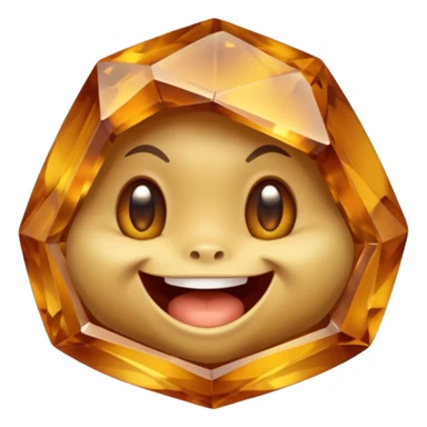 Single gemstone rock character, warm golden citrine, squat and heavy like a rock, with carved facets and tiny surface imperfections, cute round eyes and open smiling mouth, 3D game icon style, plain dark background, no other gems sticker