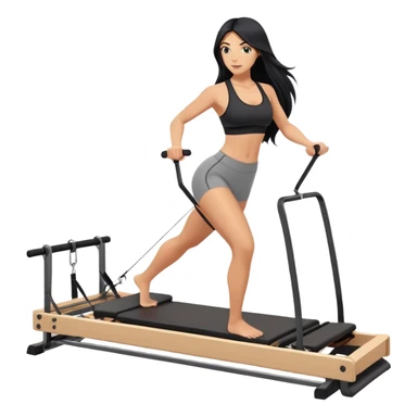 woman with tanned skin, long black hair, wearing a sports bra, doing exercise on a Pilates reformer machine sticker