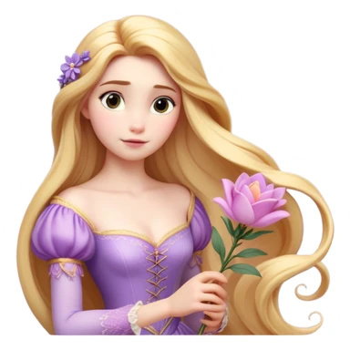 Cinematic Realistic Rapunzel Portrait, with porcelain-like skin featuring a subtle, natural glow, illuminated by soft lighting that brings out the gentle contours of her face. Her long, golden blonde hair cascades in detailed waves, each strand highlighted with a radiant shimmer as it catches the light. She playfully holds a flower in one hand, her other hand resting casually in her lap, with a warm and spirited expression. Her bright, expressive green eyes exude curiosity and warmth, framed by delicate lashes and soft, arched brows. She is dressed in her classic lavender and pink gown, the fabric textured with delicate folds that flow naturally, catching the light with a soft, radiant glow. The portrait captures a luminous, enchanting aura, seamlessly blending realism with a whimsical, fairytale charm, evoking a timeless sense of beauty and magic. sticker