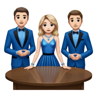 Sabrina carpenter in a blue sparkly dress at a table with 3 handsome men, and she is standing up reaching over  sticker