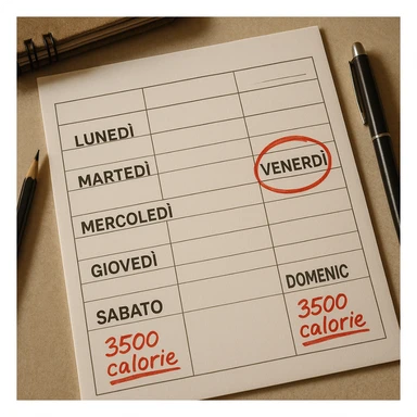 Hyperrealistic top-down view of a weekly calendar in Italian, showing days from Monday to Sunday. Friday is circled in red. Below both Saturday and Sunday, the text '3500 calorie' is underlined in red. The scene has 4K details and a desk atmosphere. sticker