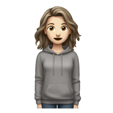 a girl wearing a grey sweatshirt, with brown long layered middle parted hair, hazel eyes, pale skin, dark lips, singing into a microphone sticker