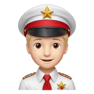 A Soviet pioneer emoji — smiling young boy wearing a white shirt with a bright red pioneer necktie and a classic red pilotka cap. The pilotka should look like a Soviet military cap, not a cowboy hat. Flat, smooth 3D shading sticker