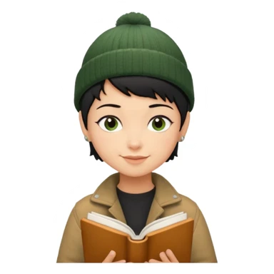tan skin, non binary person with pixie cut black hair, wearing brown jacket and dark green beanie, shy smile , reading  book  sticker