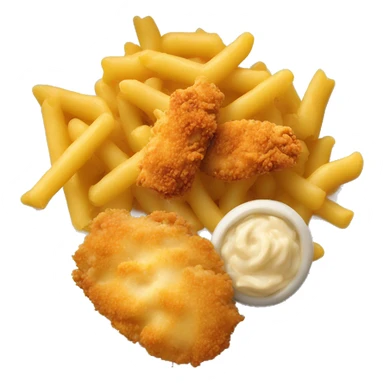 a baked dish of macaroni and cheese with a side of crispy chicken strips sticker