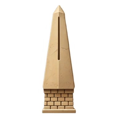 Vertical phallic obelisk with upside down acorn shape on top, old school layered brick pattern and color sticker