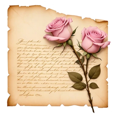An antique handwritten letter with dried light pink roses and a golden wax seal, vintage aesthetic. sticker