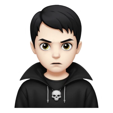Vampire boy with the black hair, pale-white skin, black eyes, little fangs and dark circles under his eyes. He has serious face and he wear a black oversize sweatshot sticker