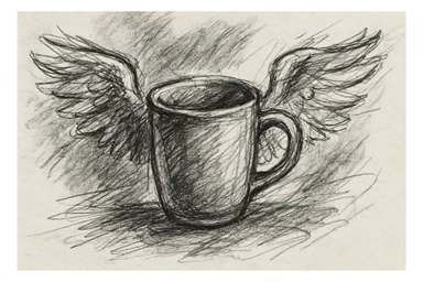 a cup with wings, pencil sketch style, loose lines, sketchbook page sticker