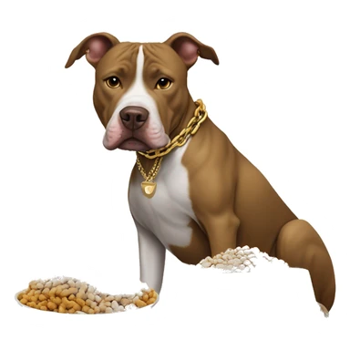 A dog pitbull with a big gold chain on that says “G-UNIT” and a bowl of dog food right next to the dog that says “G-UNIT” on the bowl  sticker