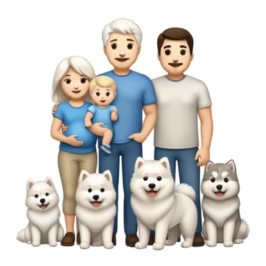 A family portrait in Apple iOS emoji style, featuring a dad, a mom, a 2-year-old baby boy, a fluffy white Samoyed dog, and a large Alaskan Malamute. All characters are smiling and standing close together in a warm, happy scene. sticker