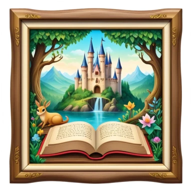 An enchanting fairytale book with a beautifully illustrated cover, featuring magical creatures, castles, and lush forests, resting on a wooden table surrounded by soft, glowing light sticker