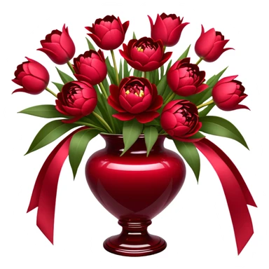 "An exquisite floral arrangement in a deep red glass vase, filled with velvety red peonies, classic roses, and striking tulips, accompanied by silky pearl-colored ribbons that drape gently over the surface." sticker