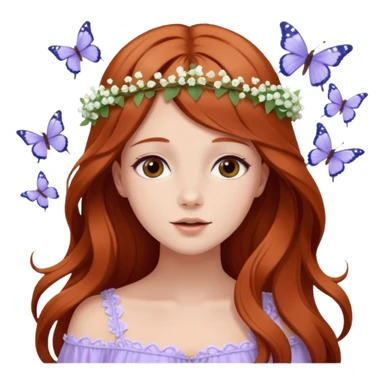 Woman with long flowing auburn hair wearing a flower crown with pale lavender flowers and white baby's breath in it and butterflies flying around it sticker