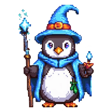 Penguin wearing wizard hat and robe holding a magic wand sticker
