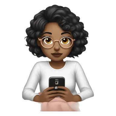 a fair-skinned girl wearing round rosegold glasses, layer blackhair playing with her cell phone with a faint smile in bed sticker