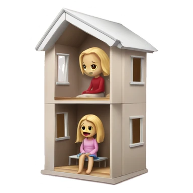 A broken-down dollhouse with a doll sitting inside, lifeless and blank-eyed sticker